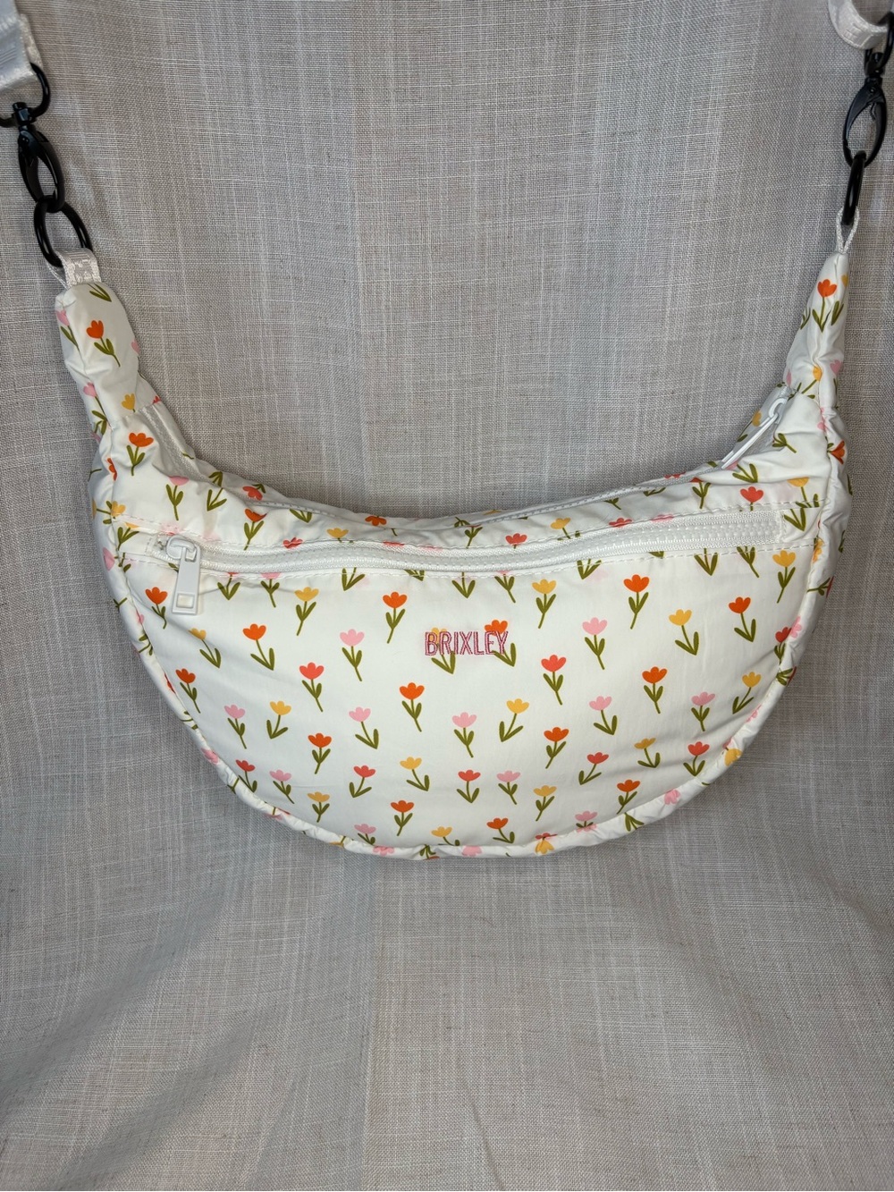 Brixley Floral Crescent Crossbody Bag - White with Pink, Yellow, & Orange Tulips